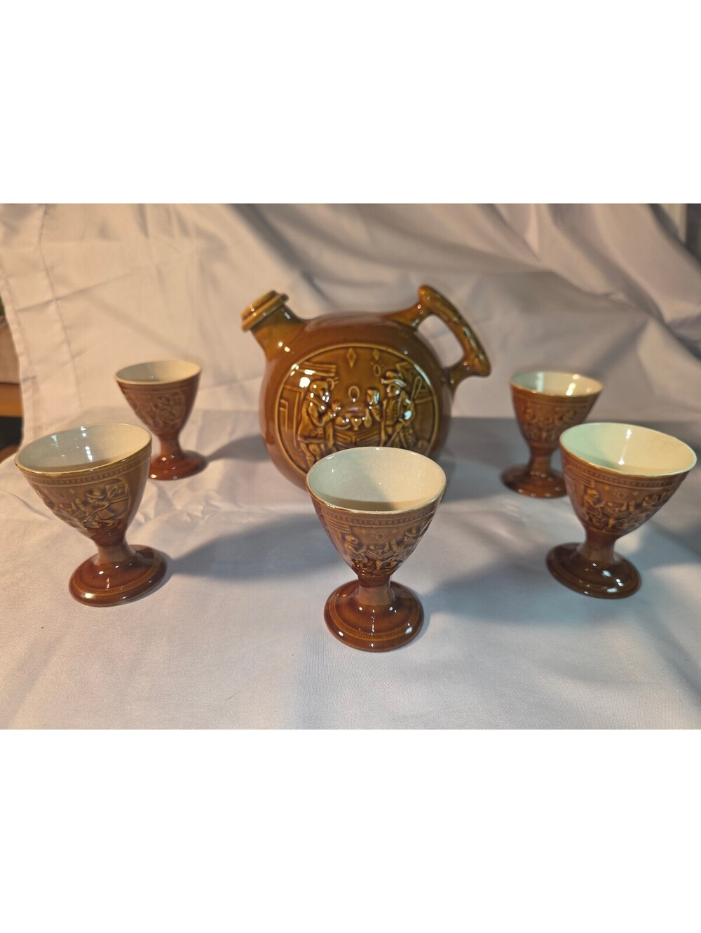 Vintage Mid Century Japan Ceramic Brown Tavern Pub Decanter Jug 5 Goblet Cup Set